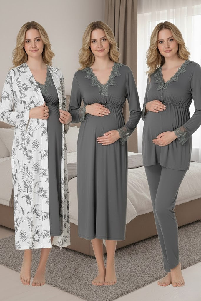 Kadın Gri Desenli Düğmeli Tasarım Uzun Kol Lohusa Hamile Sabahlık Gecelik Pijama Takımı 4'Lü Lohusa Seti 8096