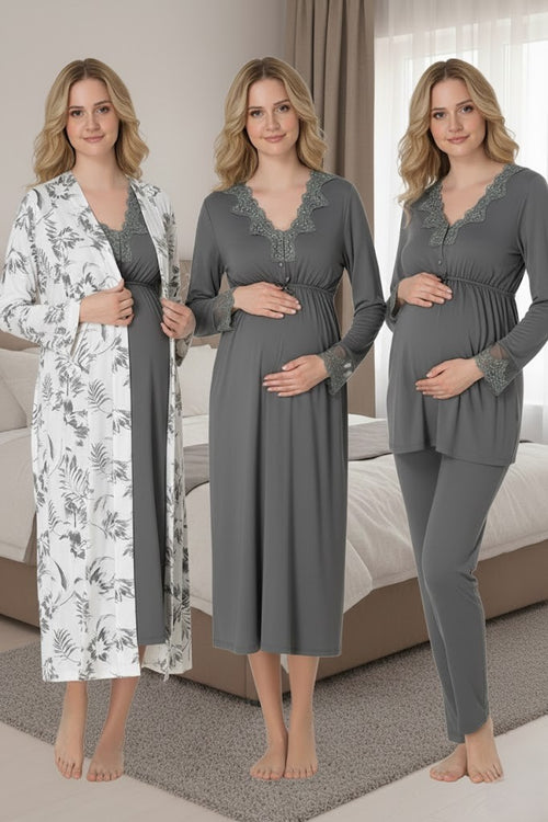 Kadın Gri Desenli Düğmeli Tasarım Uzun Kol Lohusa Hamile Sabahlık Gecelik Pijama Takımı 4'Lü Lohusa Seti 8096