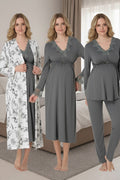 Kadın Gri Desenli Düğmeli Tasarım Uzun Kol Lohusa Hamile Sabahlık Gecelik Pijama Takımı 4'Lü Lohusa Seti 8096