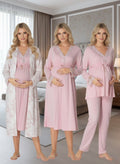 Kadın Pembe Desenli Düğmeli Tasarım Uzun Kol Lohusa Hamile Sabahlık Gecelik Pijama Takımı 4'Lü Lohusa Seti 8096