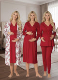 Kadın Fuşya Desenli Düğmeli Tasarım Uzun Kol Lohusa Hamile Sabahlık Gecelik Pijama Takımı 4'Lü Lohusa Seti 8096