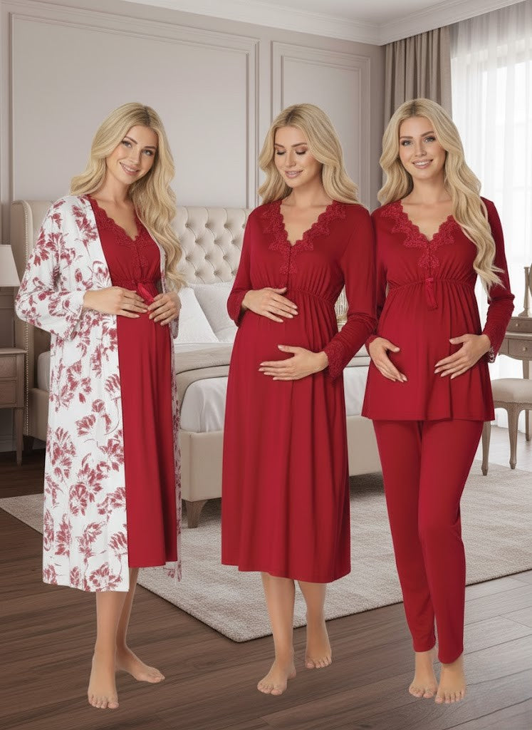 Kadın Fuşya Desenli Düğmeli Tasarım Uzun Kol Lohusa Hamile Sabahlık Gecelik Pijama Takımı 4'Lü Lohusa Seti 8096