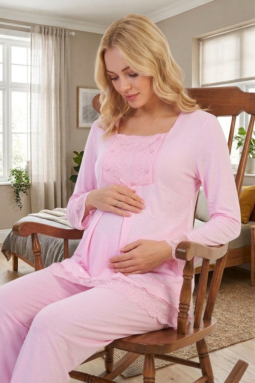 Yeni Sezon Kadın Pembe Dantelli Düğmeli Özel Tasarım %100 Pamuk Hamile Lohusa Pijama Takımı 3045