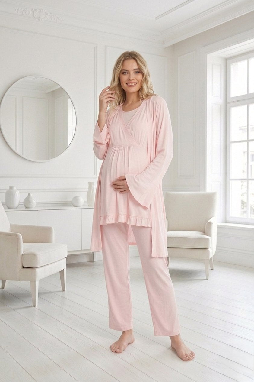 Yeni Sezon Pembe Özel Tasarım Yazlık %100 Pamuk Hamile Lohusa Sabahlıklı Pijama Takımı Seti 532