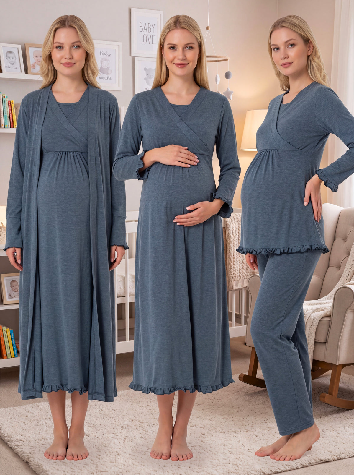 Yeni Sezon İndigo Kruvaze Yakalı Emzirme Özellikli Özel Tasarım Uzun Kol %100 Pamuk Hamile Lohusa Sabahlık Pijama Takımı Gecelik 4'Lü Lohusa Seti 14046