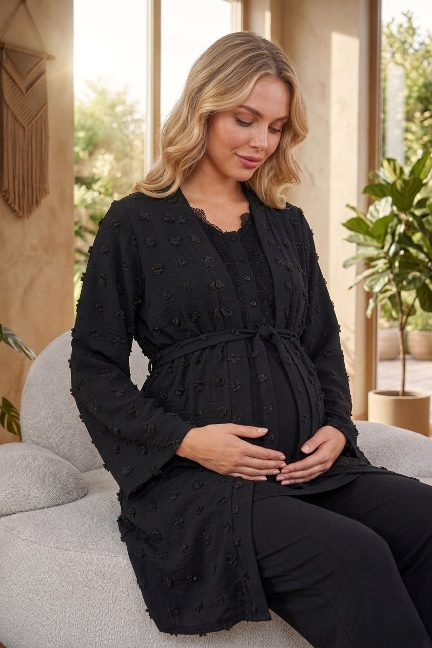 Yeni Sezon Siyah Jakarlı Yazlık %100 Pamuk Özel Tasarım Hamile Sabahlıklı Pijama Takımı Seti 0752
