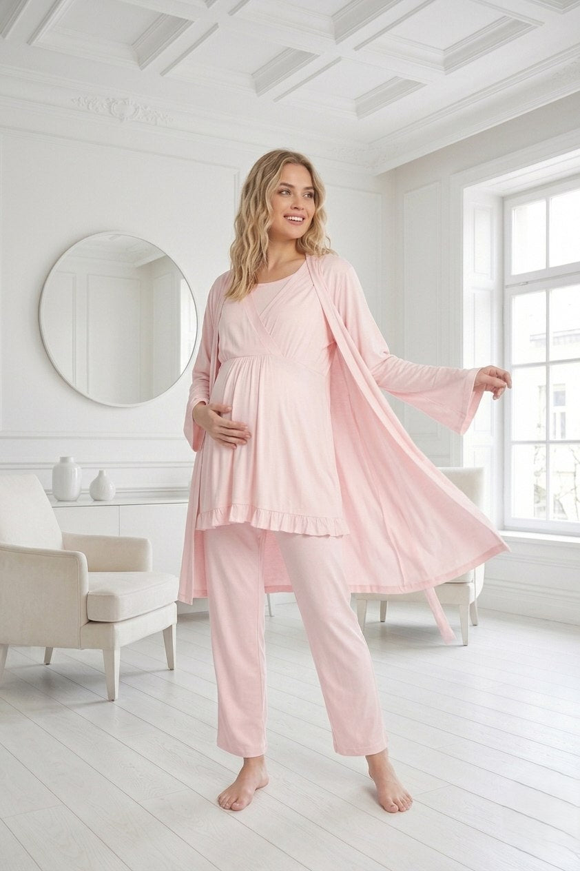 Yeni Sezon Pembe Özel Tasarım Yazlık %100 Pamuk Hamile Lohusa Sabahlıklı Pijama Takımı Seti 532