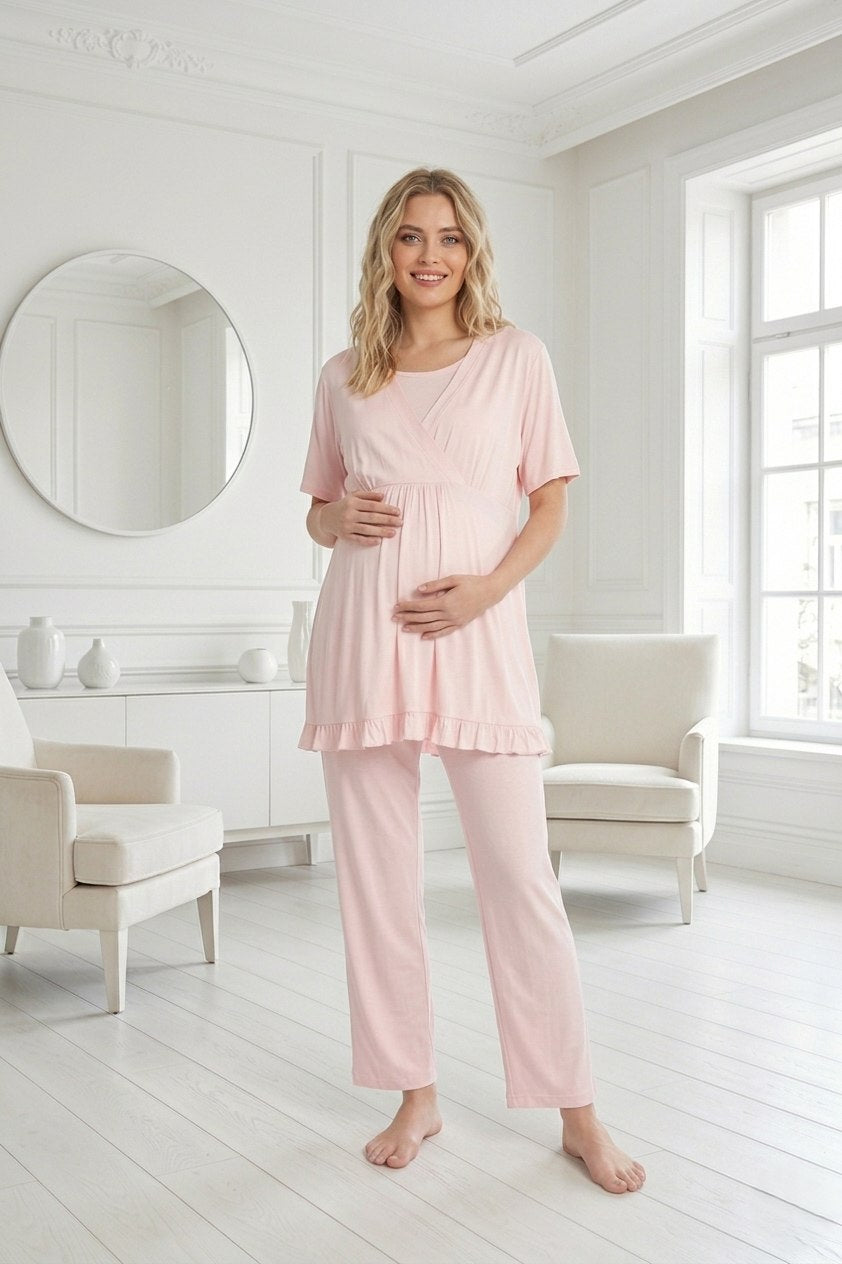 Yeni Sezon Pembe Özel Tasarım Yazlık %100 Pamuk Hamile Lohusa Sabahlıklı Pijama Takımı Seti 532