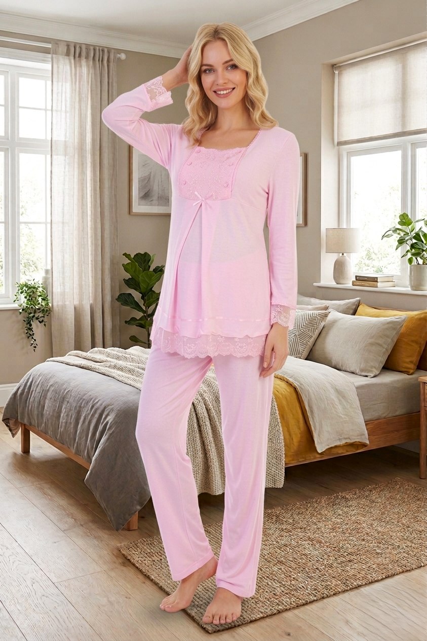 Yeni Sezon Kadın Pembe Dantelli Düğmeli Özel Tasarım %100 Pamuk Hamile Lohusa Pijama Takımı 3045