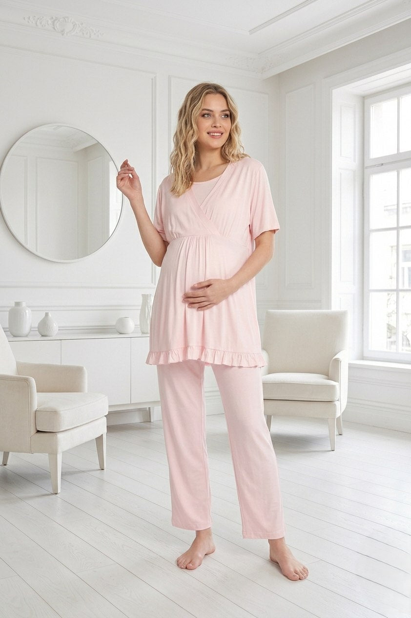Yeni Sezon Pembe Özel Tasarım Yazlık %100 Pamuk Hamile Lohusa Sabahlıklı Pijama Takımı Seti 532