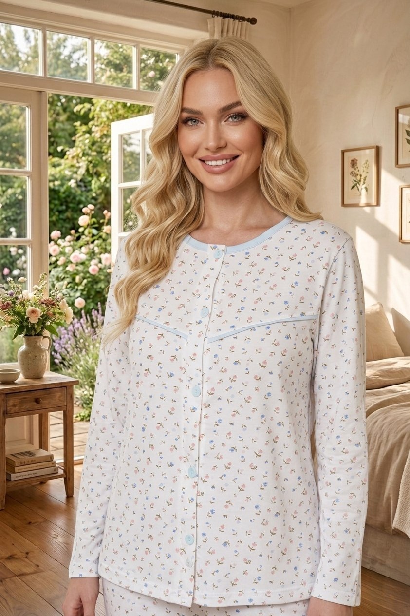 Yeni Sezon Kadın Şal Yaka Mavi Desenli Düğmeli Pamuk Büyük Beden Battal Boy Sabahlık Pijama Takımı Seti 6398