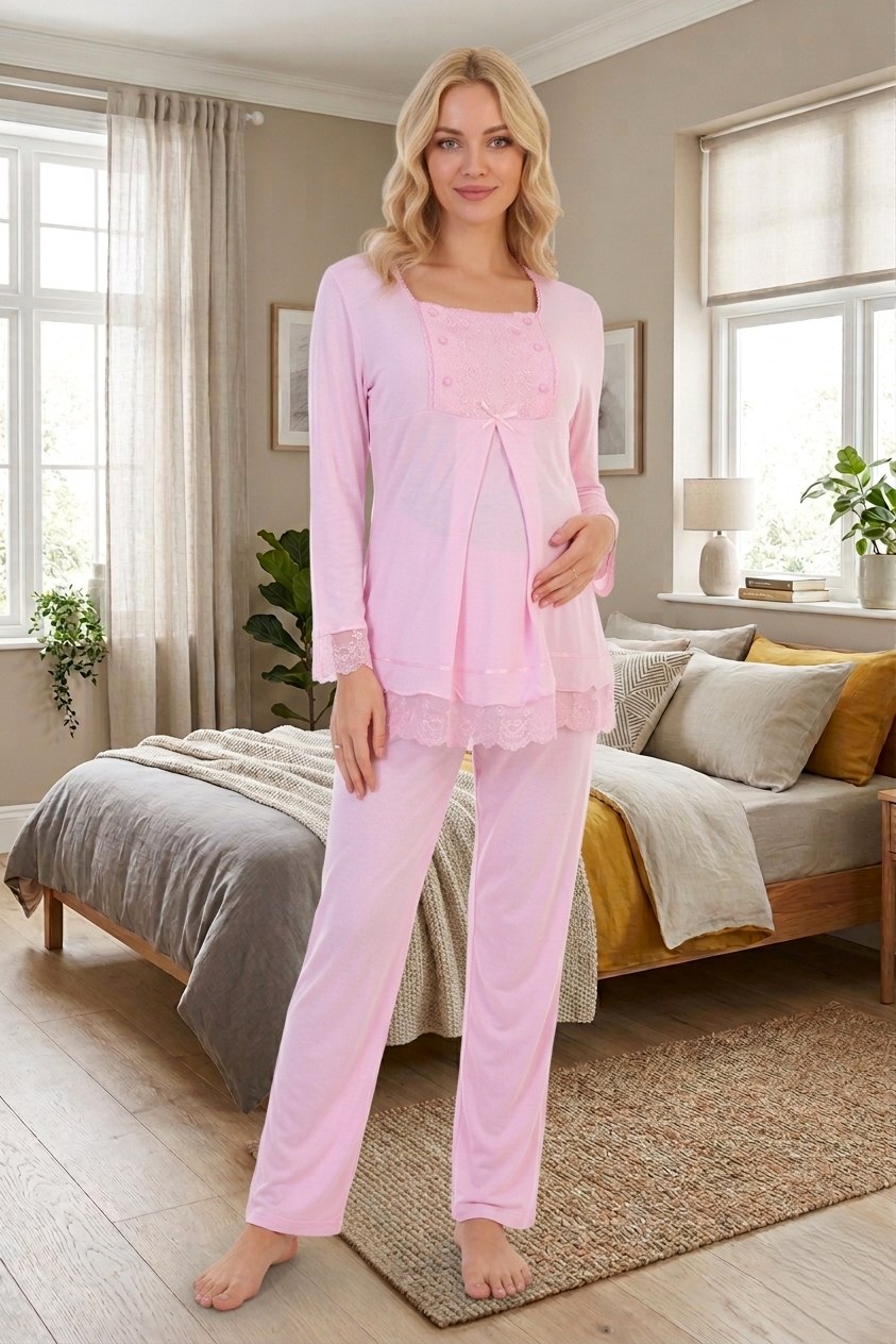 Yeni Sezon Kadın Pembe Dantelli Düğmeli Özel Tasarım %100 Pamuk Hamile Lohusa Pijama Takımı 3045