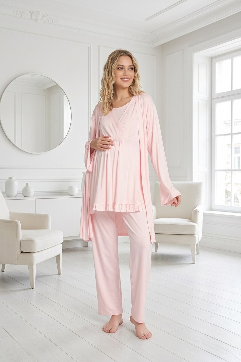 Yeni Sezon Pembe Özel Tasarım Yazlık %100 Pamuk Hamile Lohusa Sabahlıklı Pijama Takımı Seti 532