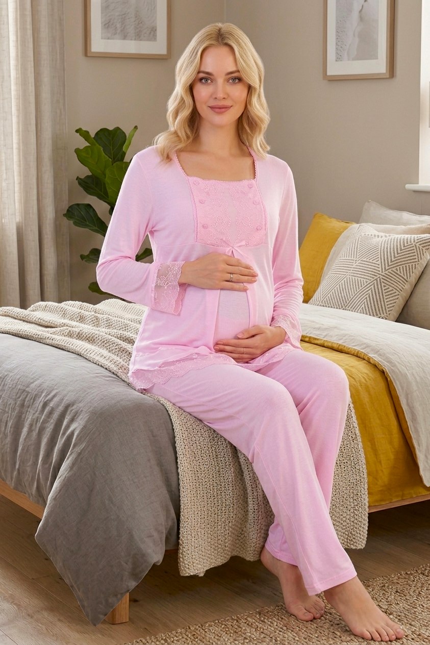 Yeni Sezon Kadın Pembe Dantelli Düğmeli Özel Tasarım %100 Pamuk Hamile Lohusa Pijama Takımı 3045