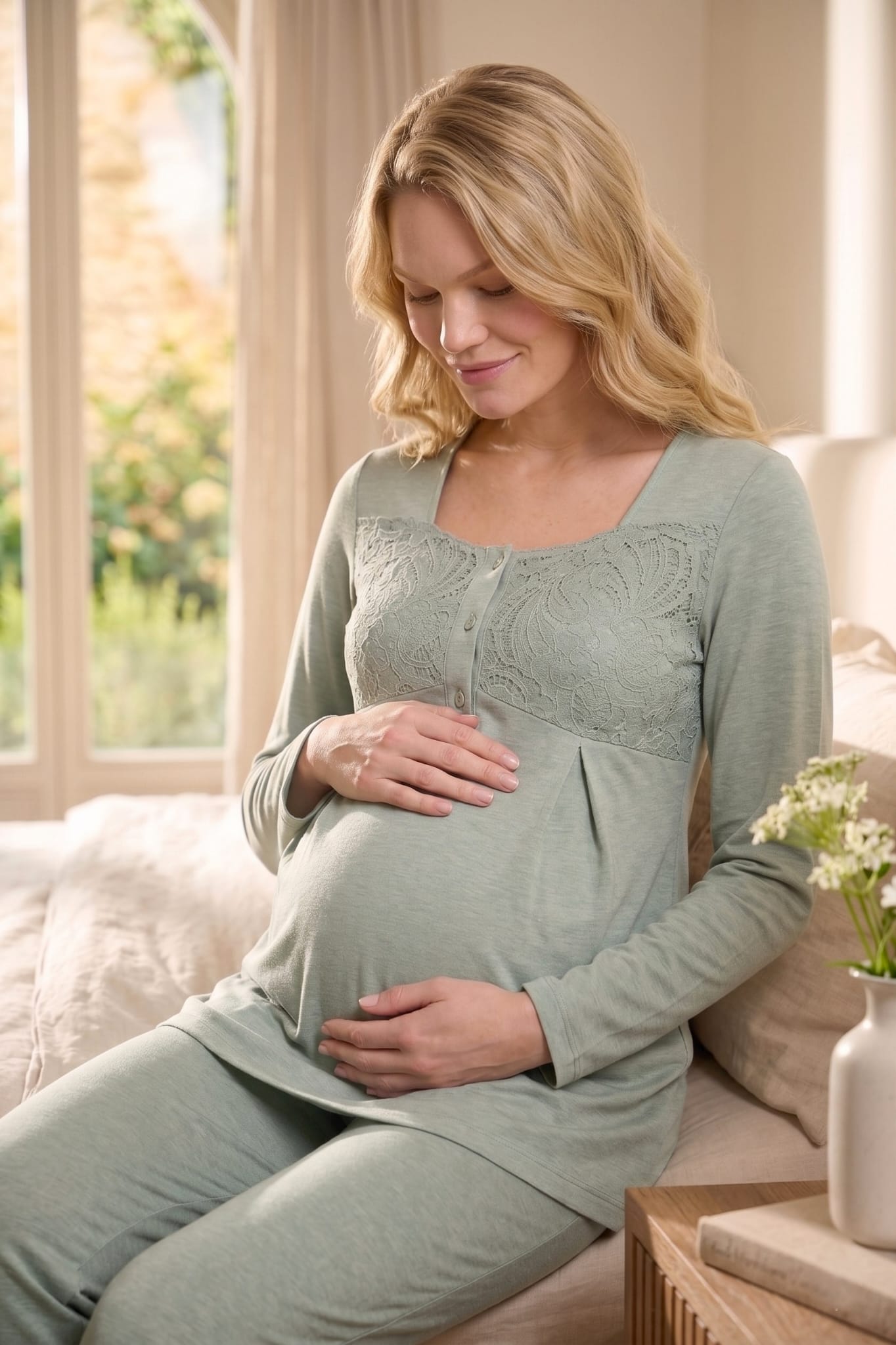 Yeni Sezon Yeşil  Panço Dantel Sabahlıklı Yazlık Özel Tasarım Lohusa Hamile Sabahlıklı Pijama Takımı Seti 6402