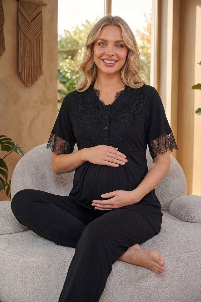 Yeni Sezon Siyah Jakarlı Yazlık %100 Pamuk Özel Tasarım Hamile Sabahlıklı Pijama Takımı Seti 0752
