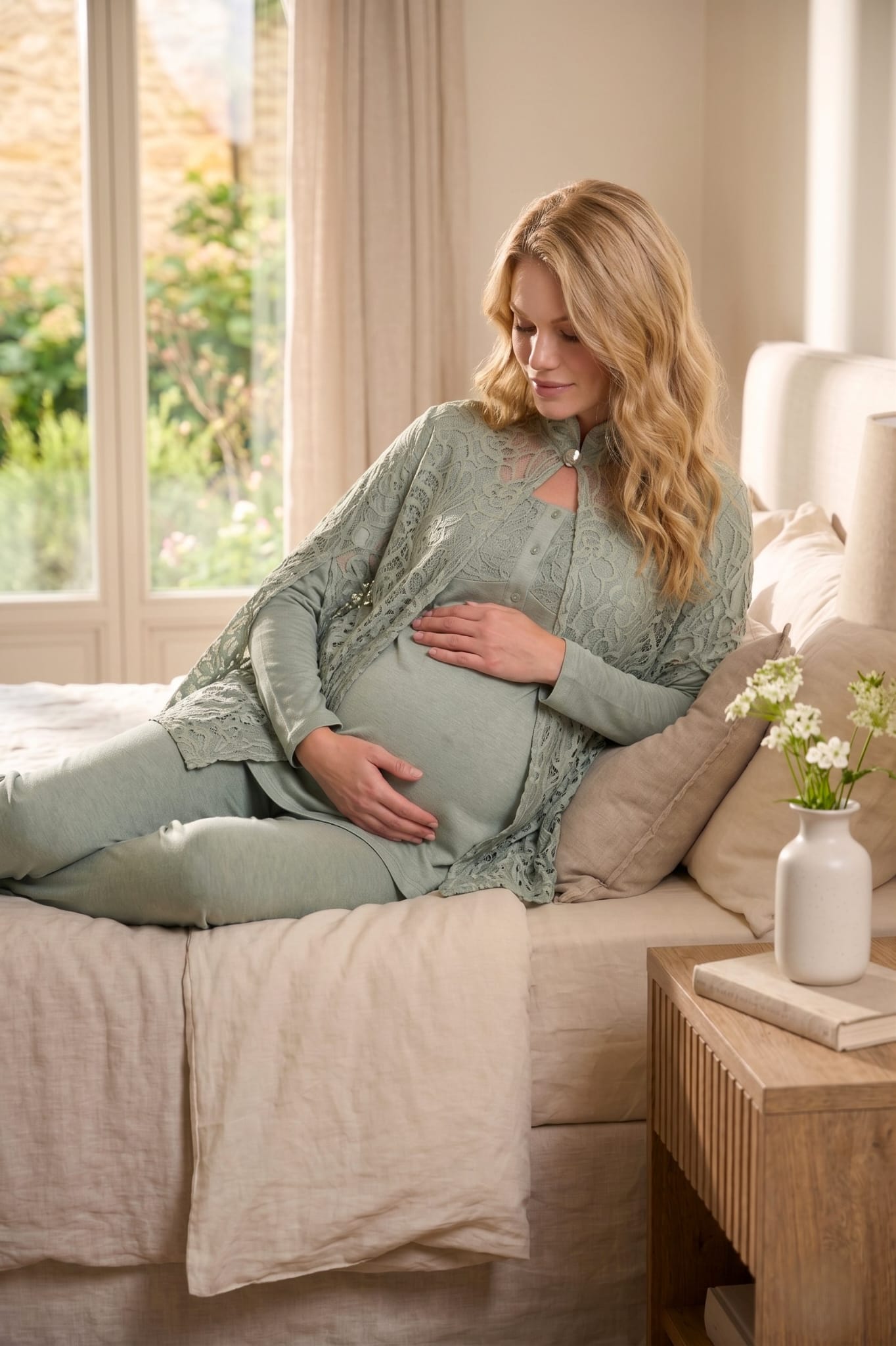 Yeni Sezon Yeşil  Panço Dantel Sabahlıklı Yazlık Özel Tasarım Lohusa Hamile Sabahlıklı Pijama Takımı Seti 6402