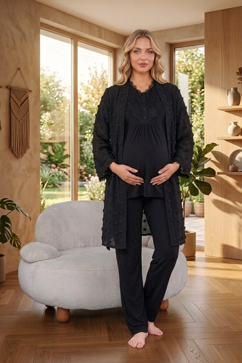 Yeni Sezon Siyah Jakarlı Yazlık %100 Pamuk Özel Tasarım Hamile Sabahlıklı Pijama Takımı Seti 0752