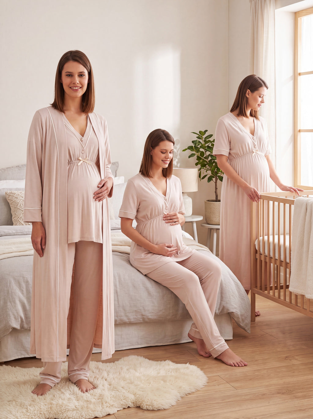 Yeni Sezon Bej Biyeli Düğmeli Emzirme Özellikli Tasarım Kısa Kollu %100 Pamuk Hamile Lohusa Sabahlık Pijama Takımı Gecelik 4'Lü Lohusa Seti 15096
