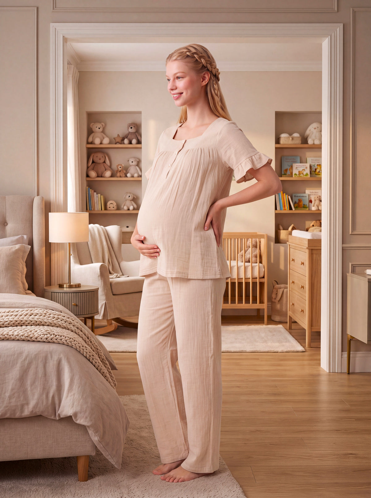Yeni Sezon Bej Müslin Kumaş Düğmeli Kolay Emzirme Özellikli Tasarım Fırfır Kol Detaylı Yazlık %100 Pamuk Hamile Lohusa Pijama Takımı 13082