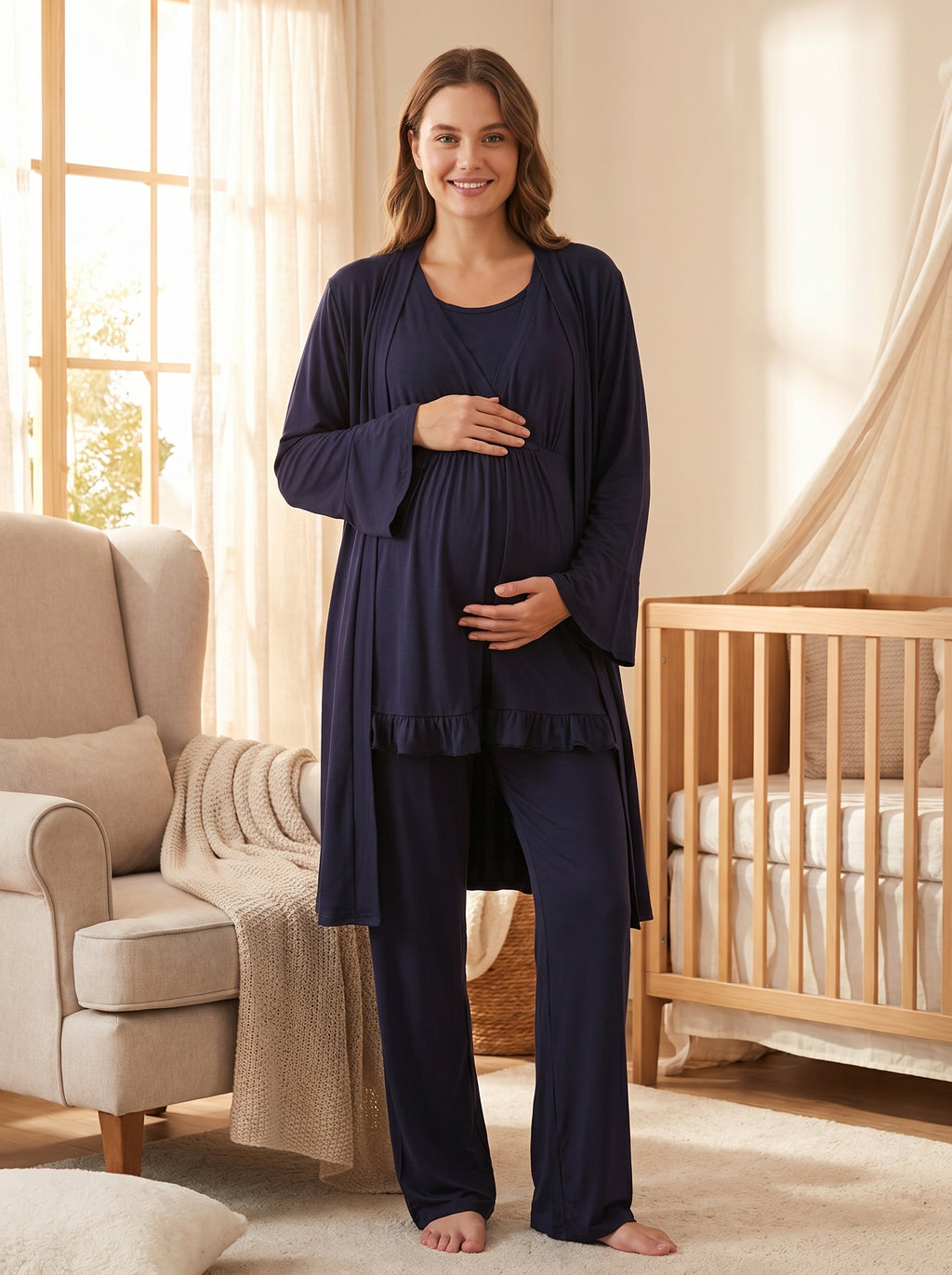 Yeni Sezon Lacivert Emzirme Önlüklü Yazlık Kruvaze Lohusa Sabahlıklı Pijama Takımı Seti - 532