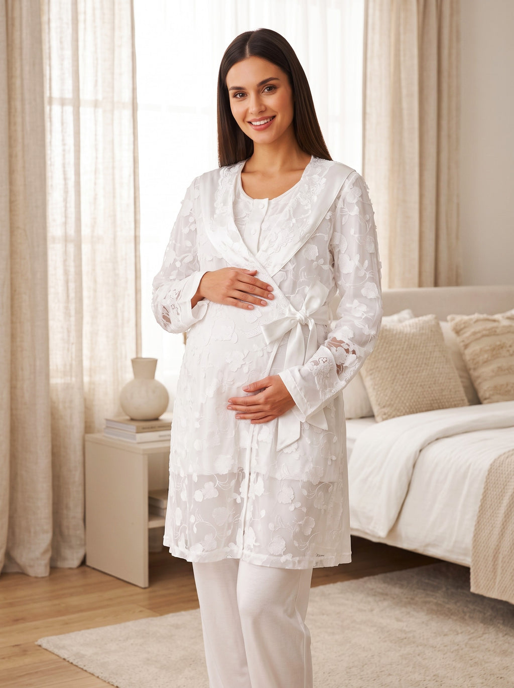 Yeni Sezon Ekru Dantel Sabahlıklı Emzirme Özellikli Özel Tasarım Uzun Kollu Hamile Lohusa Sabahlıklı Pijama Takımı Seti 12010