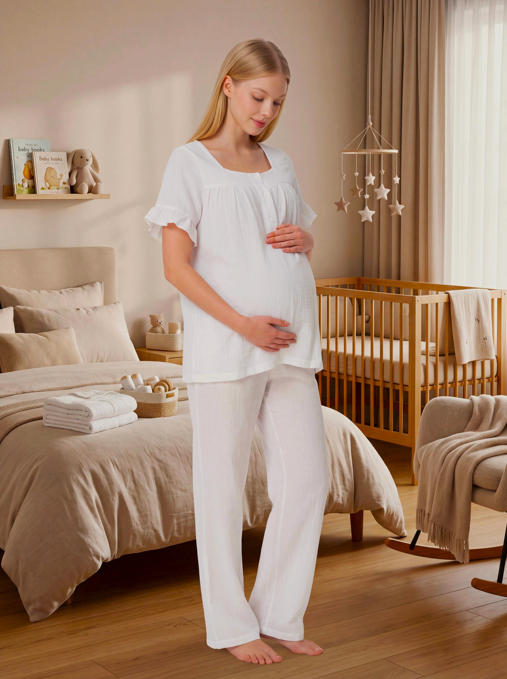 Yeni Sezon Ekru Müslin Kumaş Düğmeli Kolay Emzirme Özellikli Tasarım Fırfır Kol Detaylı Yazlık %100 Pamuk Hamile Lohusa Pijama Takımı 13082