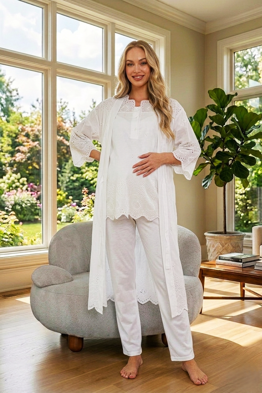 Yeni Sezon Ekru Fisto Keten Detaylı Özel Tasarım Yazlık %100 Pamuk Hamile Lohusa Sabahlıklı Pijama Takımı Seti 9024