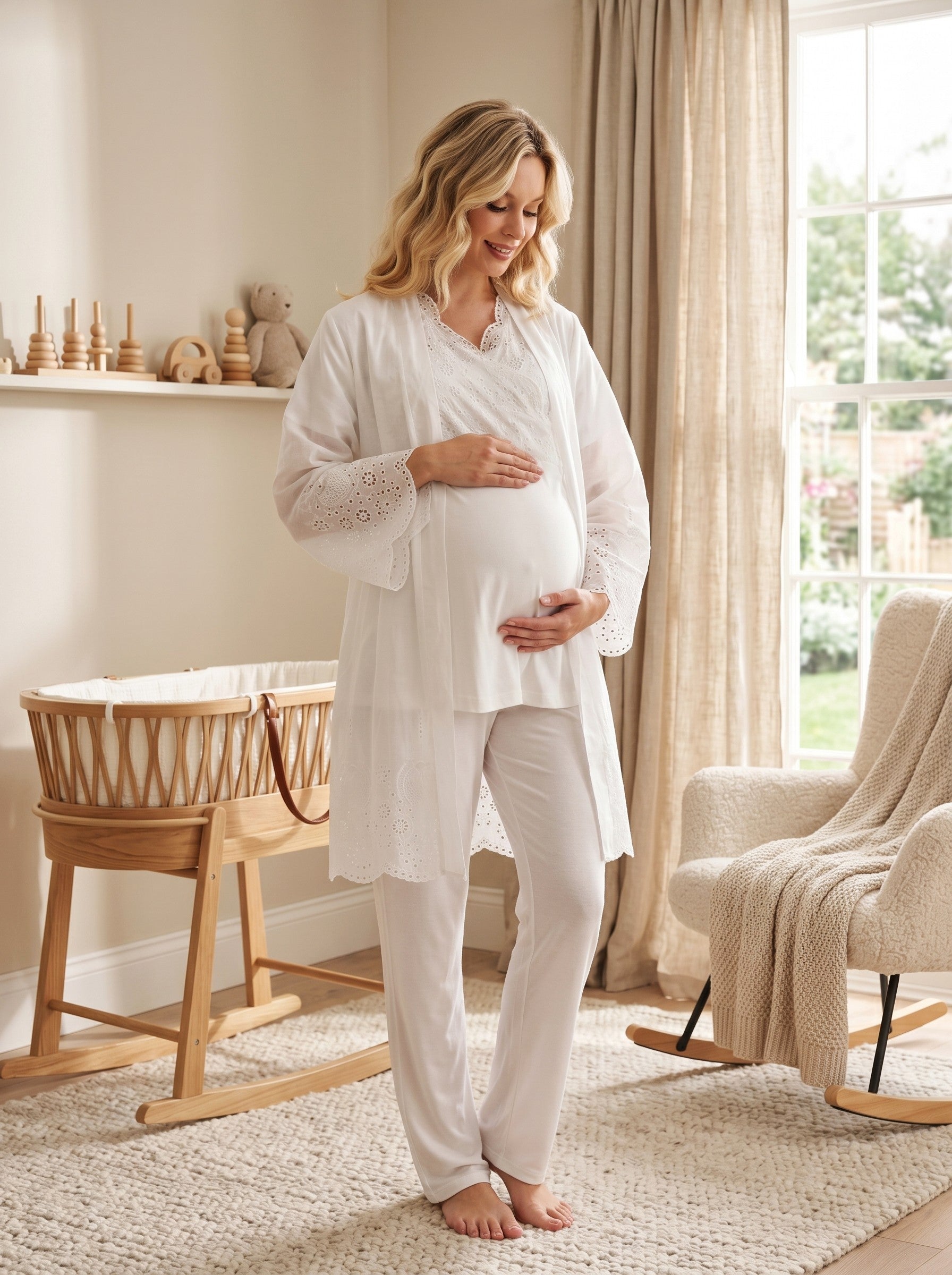 Yeni Sezon Ekru Pamuk Keten Kısa Kol Yazlık Özel Tasarım Hamile Lohusa Sabahlıklı Pijama Takımı Seti T07