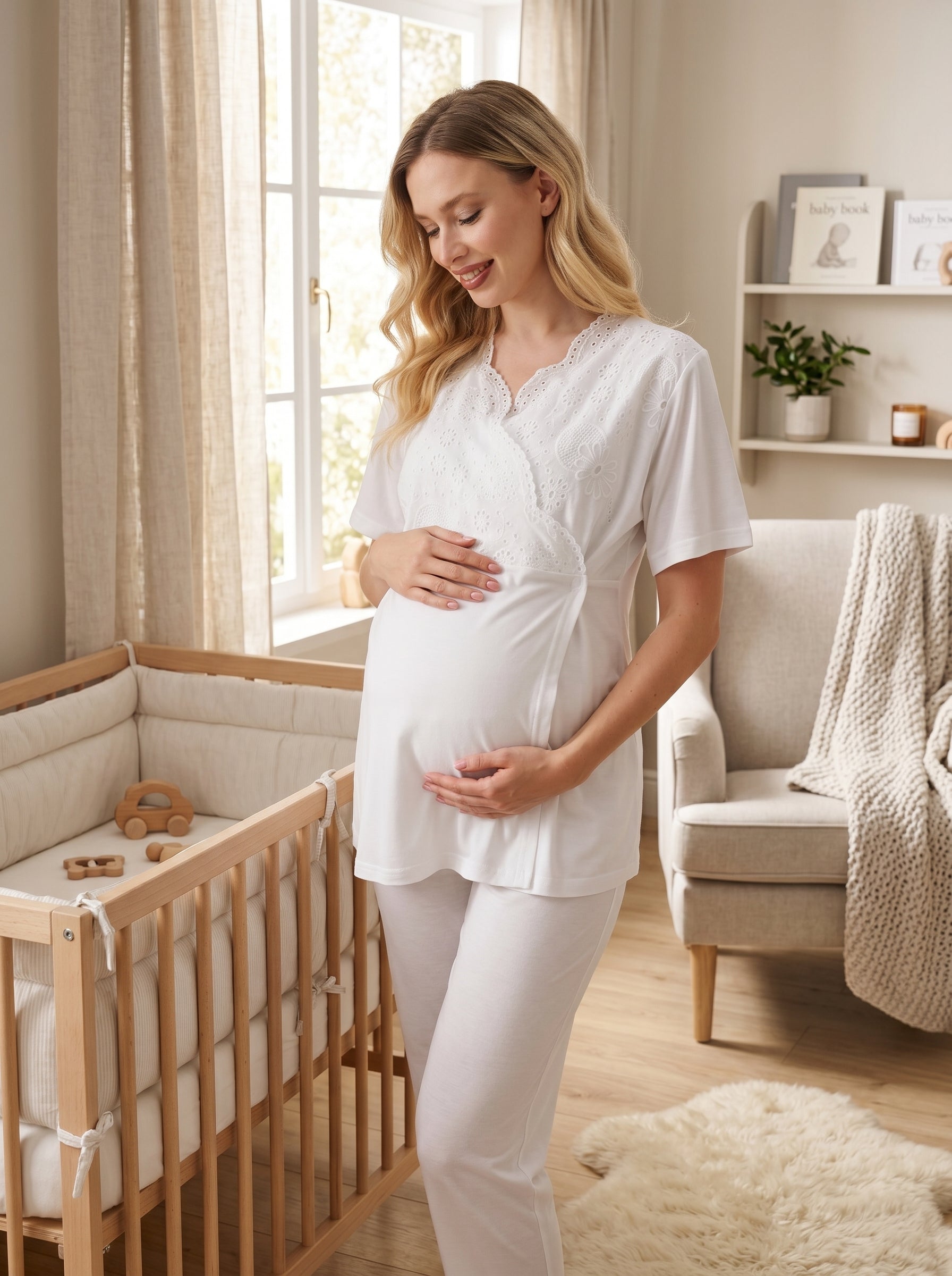 Yeni Sezon Ekru Pamuk Keten Kısa Kol Yazlık Özel Tasarım Hamile Lohusa Sabahlıklı Pijama Takımı Seti T07