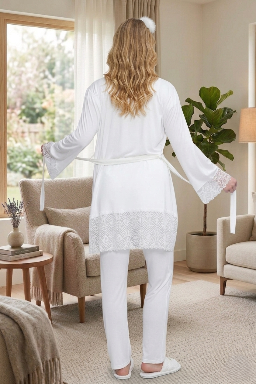 Yeni Sezon Ekru Özel Dantel Detaylı Tasarım %100 Pamuk Hamile Lohusa Sabahlıklı Pijama Takımı Seti 6203