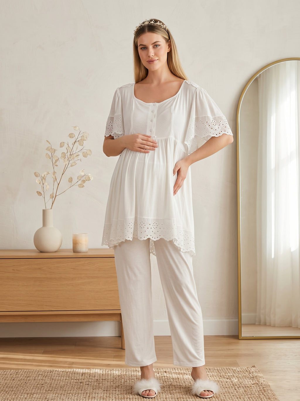 Yeni Sezon Ekru Fisto Keten Detaylı Özel Tasarım %100 Pamuk Emzirme Özellikli Hamile Lohusa Sabahlıklı Pijama Takımı Seti 33011