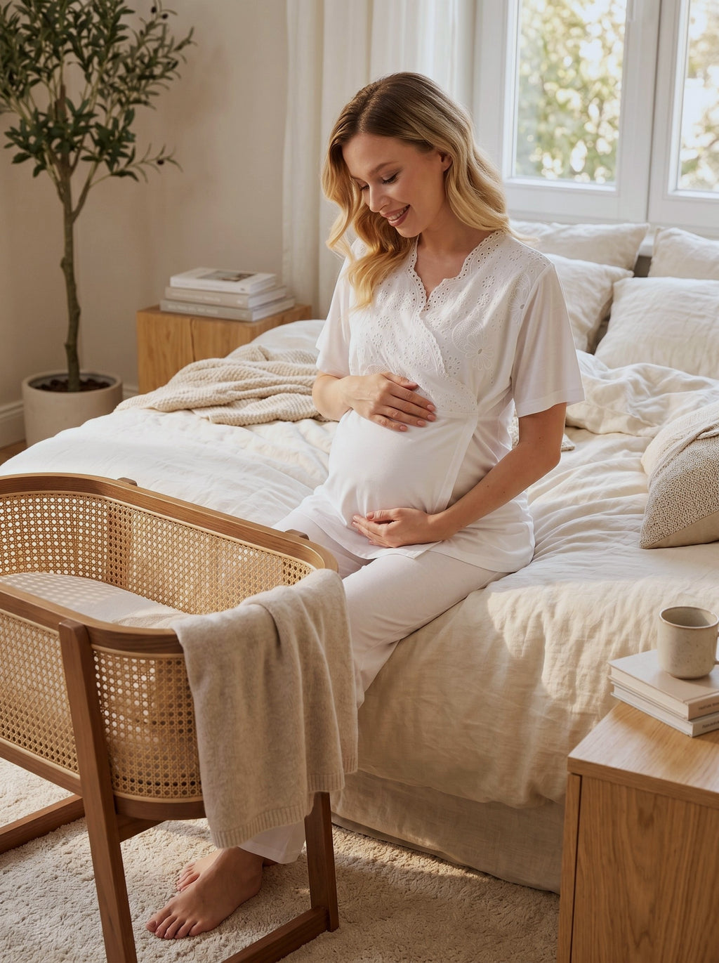 Yeni Sezon Ekru Pamuk Keten Kısa Kol Yazlık Özel Tasarım Hamile Lohusa Sabahlıklı Pijama Takımı Seti T07