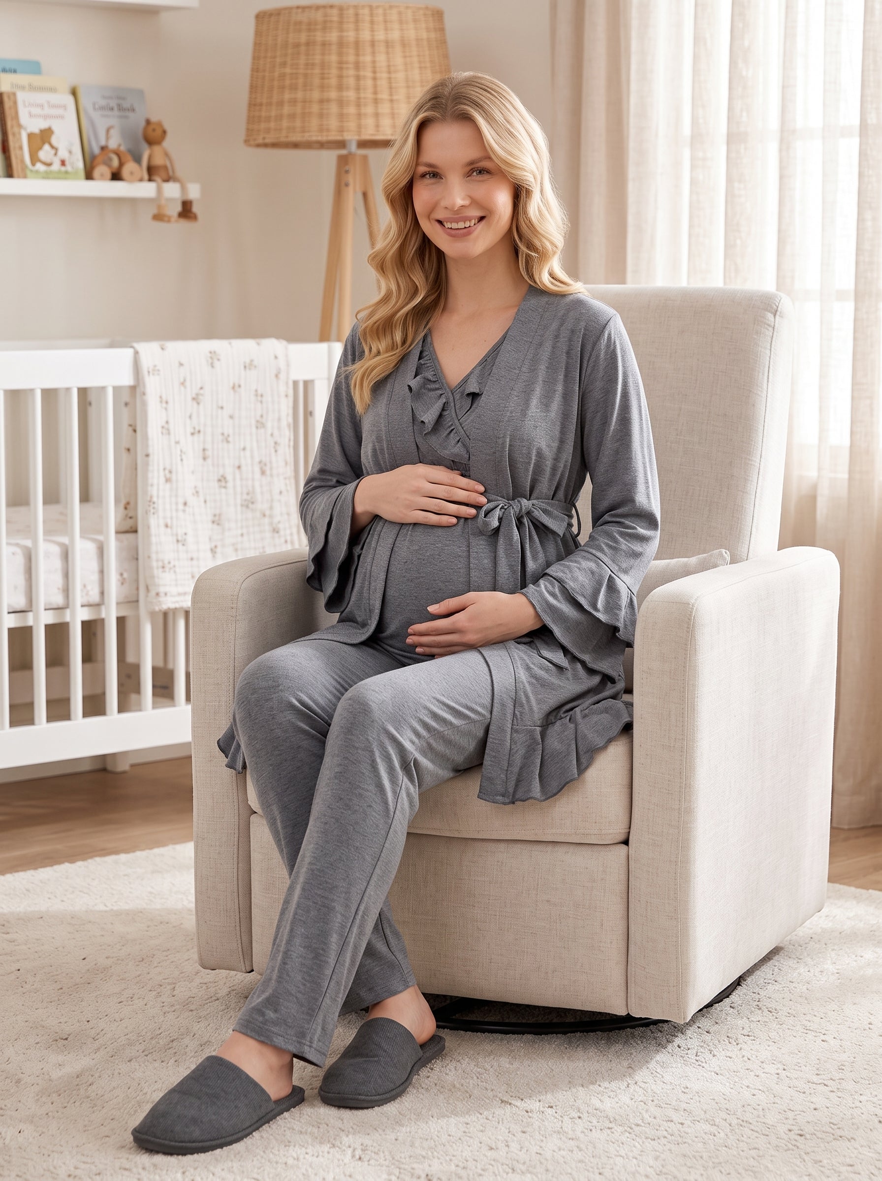 Yeni Sezon Füme Volanlı Kolay Emzirme Özellikli Tasarım Kısa Kollu Hamile Lohusa Sabahlıklı Pijama Takımı Seti M6403