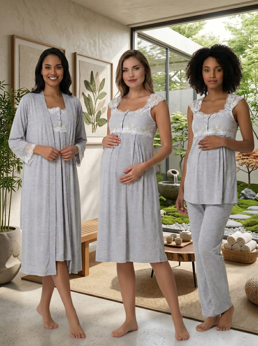Yeni Sezon Gri Yazlık Dantel Detaylı Tasarım Geniş Askılı Hamile Lohusa Sabahlık Gecelik Pijama Takımı 4'Lü Lohusa Seti 12305
