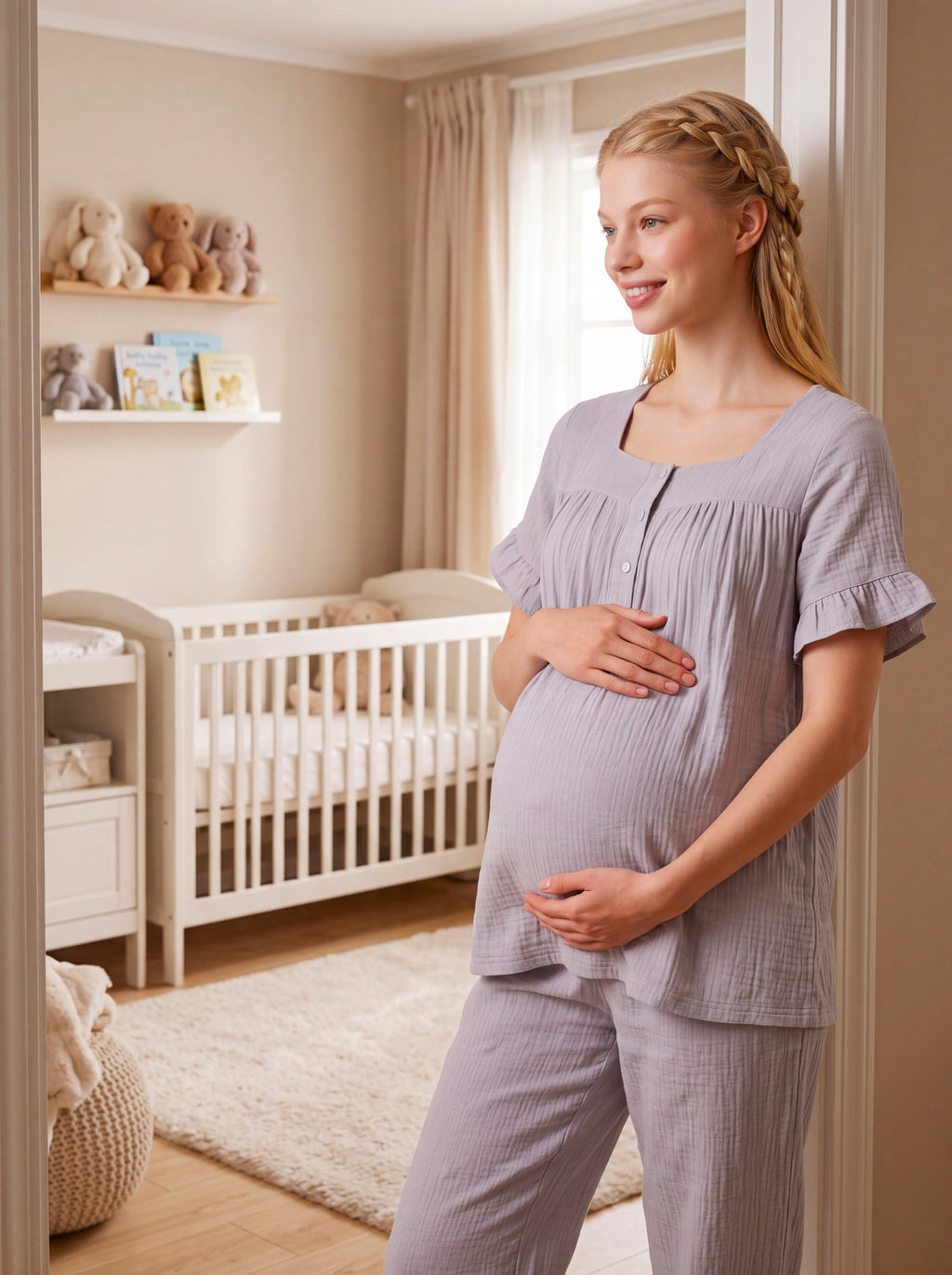 Yeni Sezon Gri Müslin Kumaş Düğmeli Kolay Emzirme Özellikli Tasarım Fırfır Kol Detaylı Yazlık %100 Pamuk Hamile Lohusa Pijama Takımı 13082