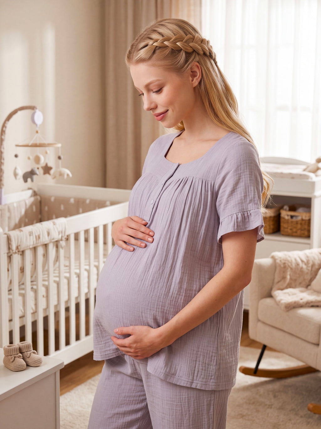 Yeni Sezon Gri Müslin Kumaş Düğmeli Kolay Emzirme Özellikli Tasarım Fırfır Kol Detaylı Yazlık %100 Pamuk Hamile Lohusa Pijama Takımı 13082