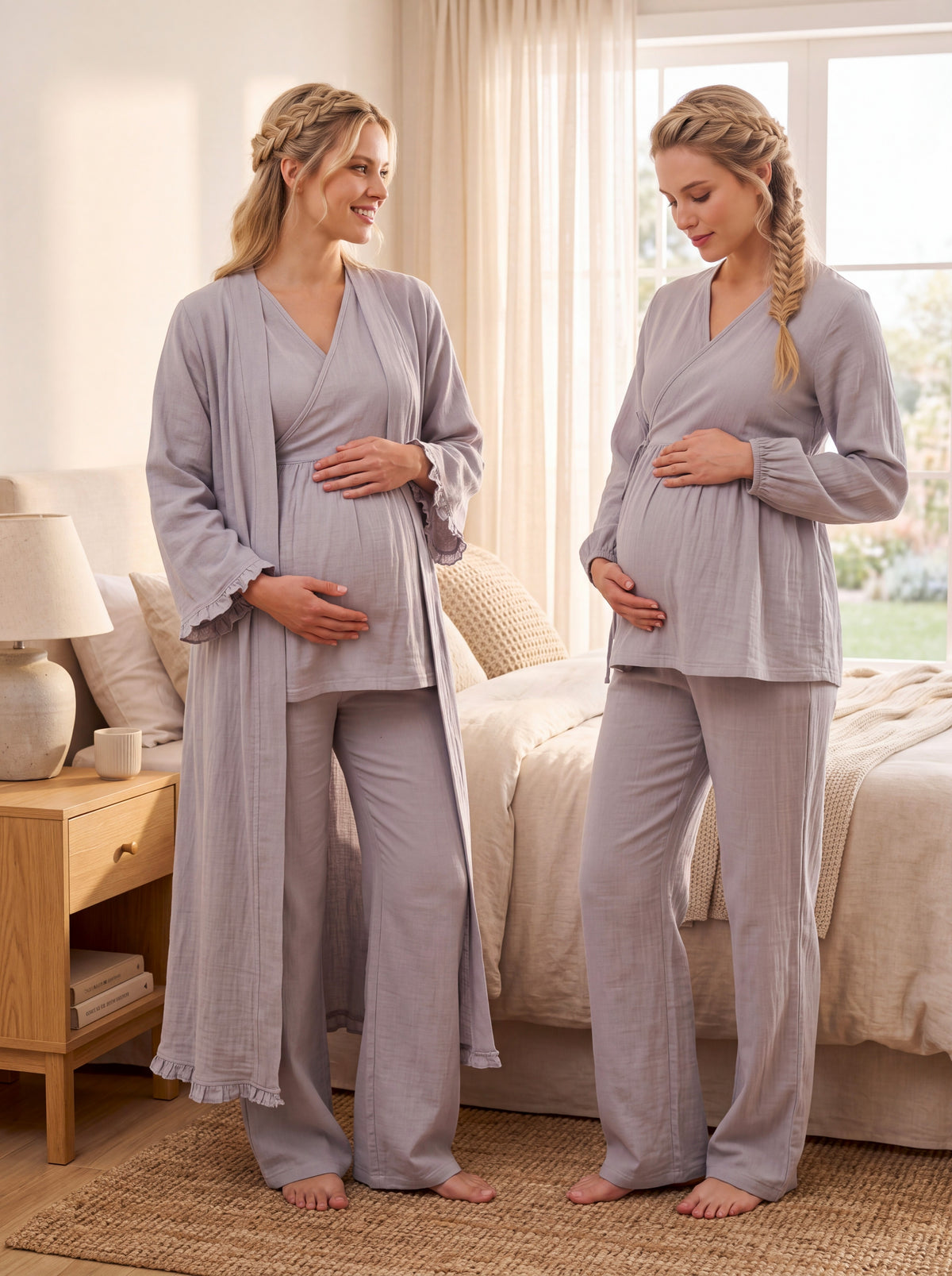 Yeni Sezon Gri Müslin Kumaş Kruvaze Emzirme Uyumlu Tasarım Uzun Kollu %100 Pamuk Hamile Lohusa Sabahlıklı Pijama Takımı Seti 13088