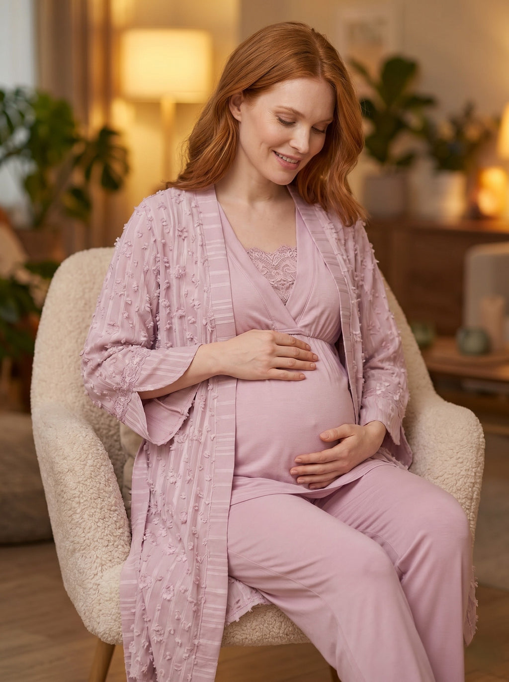 Yeni Sezon Gül Kurusu Dokuma Yazlık Özel Tasarım Hamile Lohusa Sabahlıklı Pijama Takımı Seti 6209
