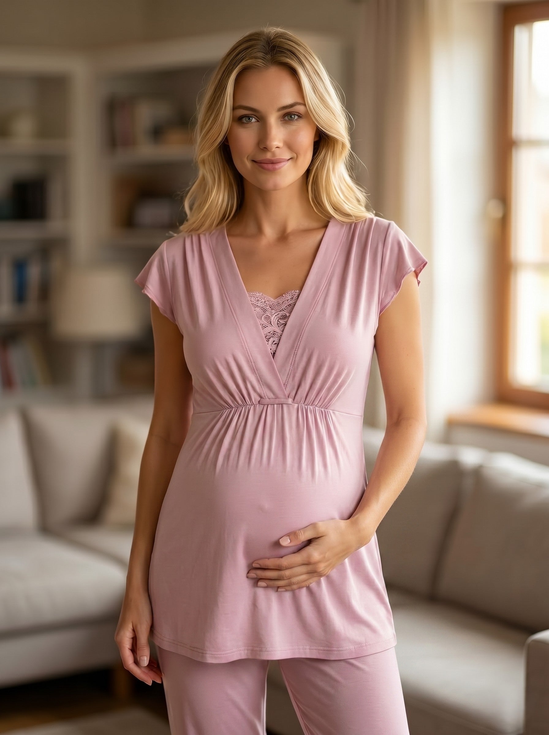 Yeni Sezon Gül Kurusu Dokuma Yazlık Özel Tasarım Hamile Lohusa Sabahlıklı Pijama Takımı Seti 6209