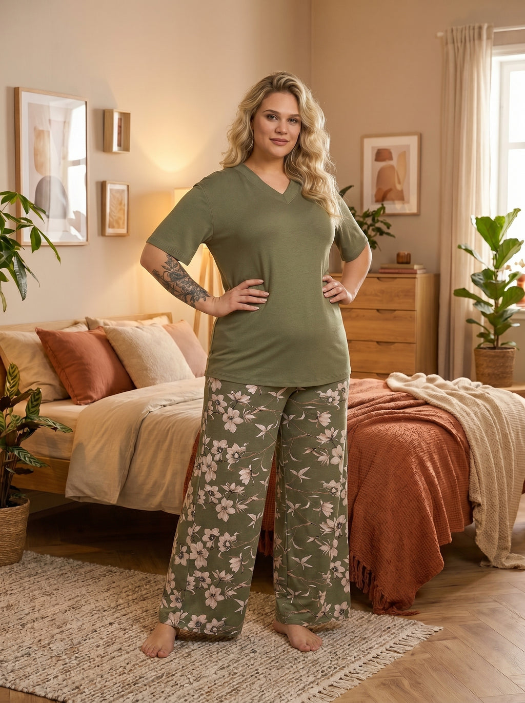 Yeni Sezon Kadın Haki Özel Tasarım Kısa Kol Yazlık Pamuk Penye Büyük Beden (Battal Boy) Pijama Takımı 11057