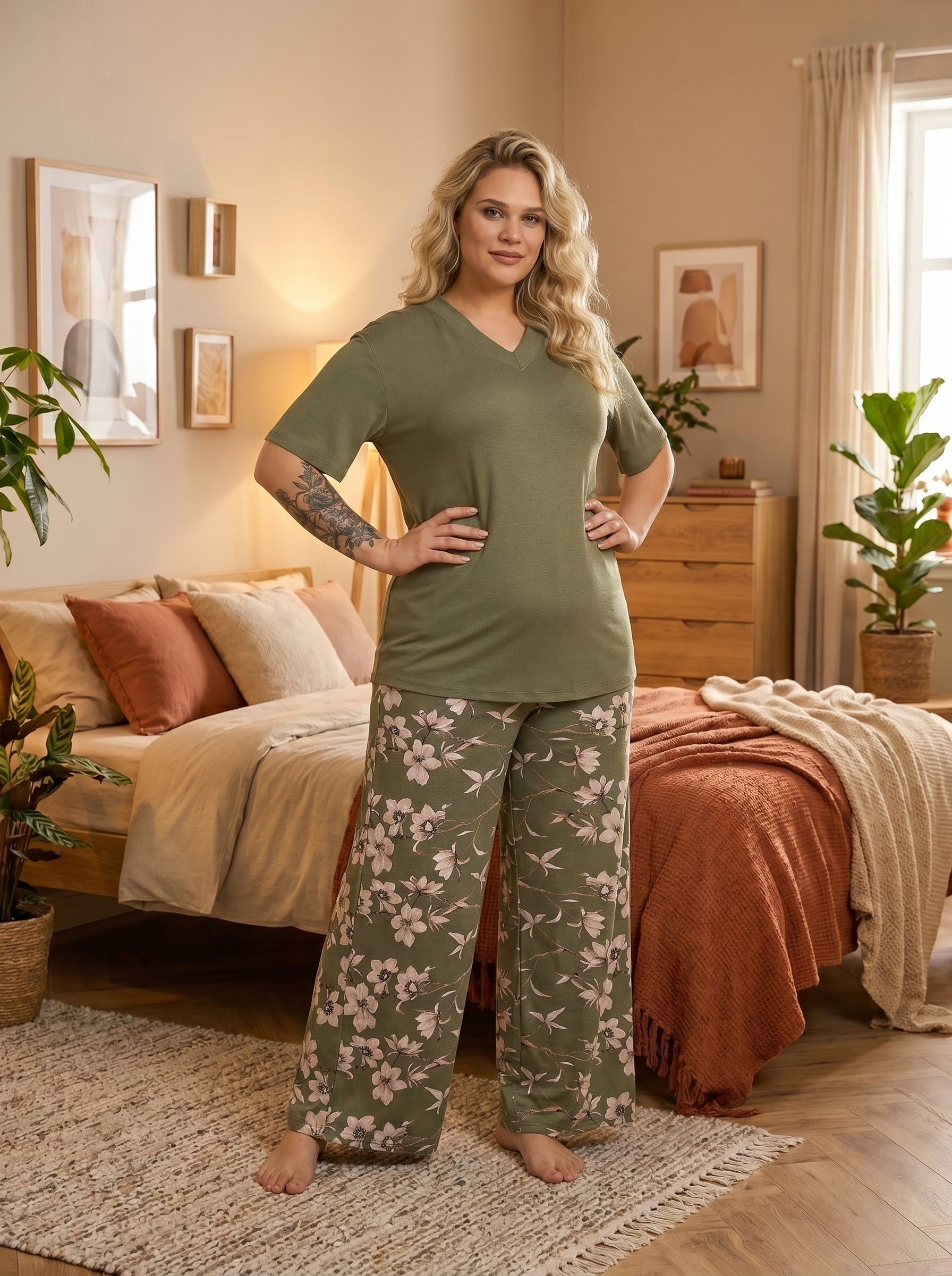 Yeni Sezon Kadın Haki Özel Tasarım Kısa Kol Yazlık Pamuk Penye Büyük Beden (Battal Boy) Pijama Takımı 11057