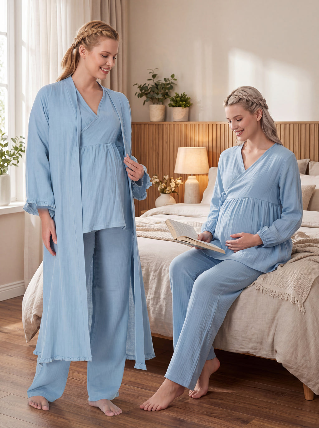 Yeni Sezon İndigo Müslin Kumaş Kruvaze Emzirme Uyumlu Tasarım Uzun Kollu %100 Pamuk Hamile Lohusa Sabahlıklı Pijama Takımı Seti 13088