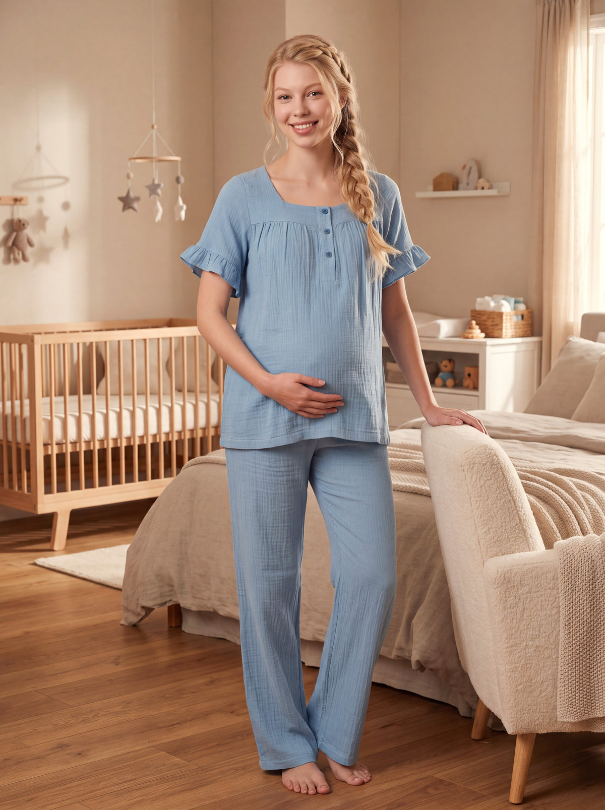 Yeni Sezon İndigo Müslin Kumaş Düğmeli Kolay Emzirme Özellikli Tasarım Fırfır Kol Detaylı Yazlık %100 Pamuk Hamile Lohusa Pijama Takımı 13082