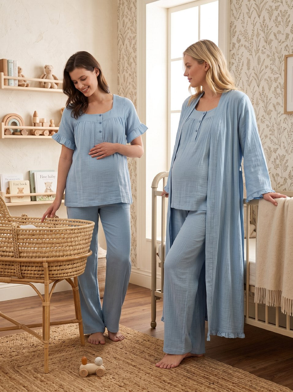 Yeni Sezon İndigo Müslin Kumaş Emzirme Özellikli Özel Tasarım Kısa Kollu %100 Pamuk Hamile Lohusa Sabahlıklı Pijama Takımı Seti 13084