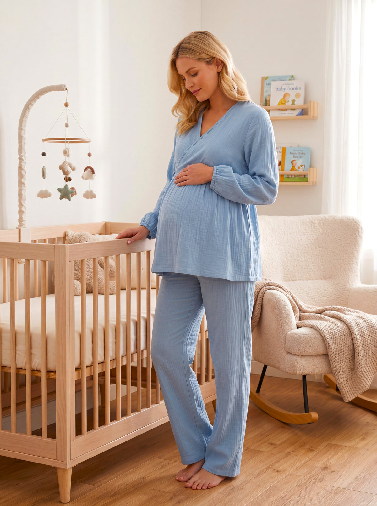 Yeni Sezon İndigo Müslin Kumaş Kruvaze Bağlamalı Emzirme Özellikli Özel Tasarım Uzun Kol %100 Pamuk Hamile Lohusa Pijama Takımı 13087