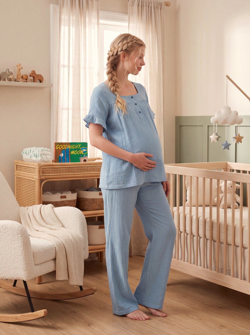 Yeni Sezon İndigo Müslin Kumaş Düğmeli Kolay Emzirme Özellikli Tasarım Fırfır Kol Detaylı Yazlık %100 Pamuk Hamile Lohusa Pijama Takımı 13082