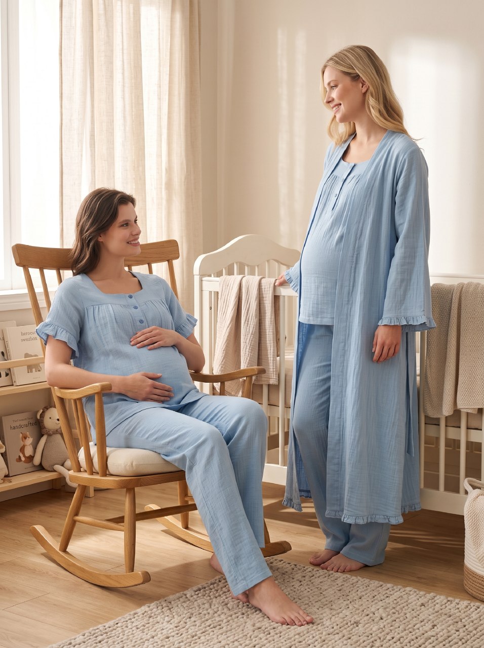 Yeni Sezon İndigo Müslin Kumaş Emzirme Özellikli Özel Tasarım Kısa Kollu %100 Pamuk Hamile Lohusa Sabahlıklı Pijama Takımı Seti 13084