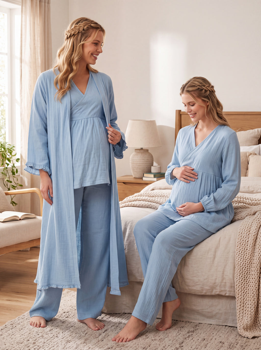 Yeni Sezon İndigo Müslin Kumaş Kruvaze Emzirme Uyumlu Tasarım Uzun Kollu %100 Pamuk Hamile Lohusa Sabahlıklı Pijama Takımı Seti 13088