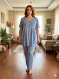 Yeni Sezon Havacı Mavi Yazlık Tasarım Düğme Detaylı Kısa Kol Büyük Beden (Battal Boy) Pijama Takımı 5630